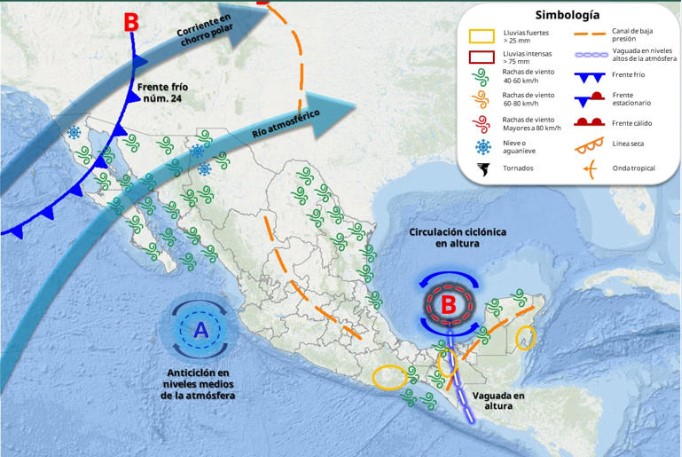 Frente frío 24 traerá lluvias, vientos fuertes y probabilidad de nieve este sábado y domingo en varias regiones del país