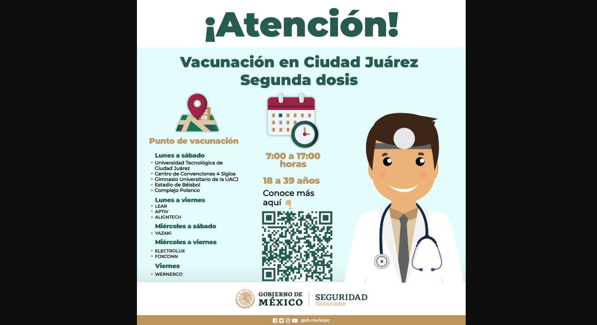 Aplican segundas dosis contra COVID-19 en Ciudad Juárez